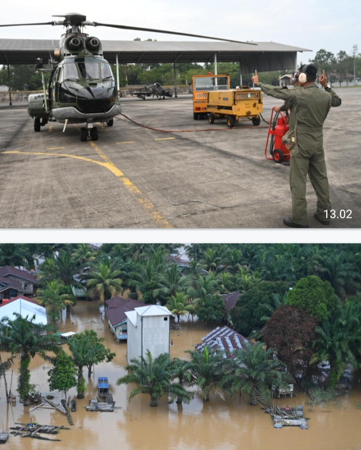 Dukung Operasi Kemanusiaan Helikopter TNI AU Pantau Banjir di Pelalawan